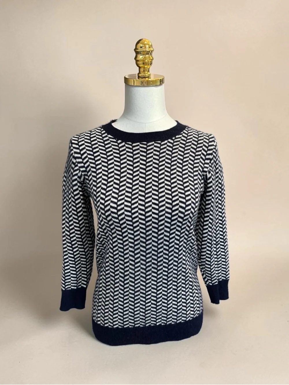 J. Crew Women’s Italian Cashmere Herringbone Sweater Navy/White Sz S Academia